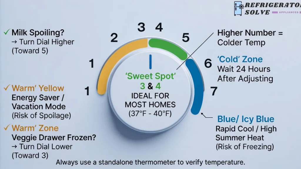 Infographic showing refrigerator dial settings 1 to 7. Shows that 3 and 4 are the ideal settings for food safety (37°F-40°F), 7 is the coldest setting which may freeze food, and 1 is the warmest setting.