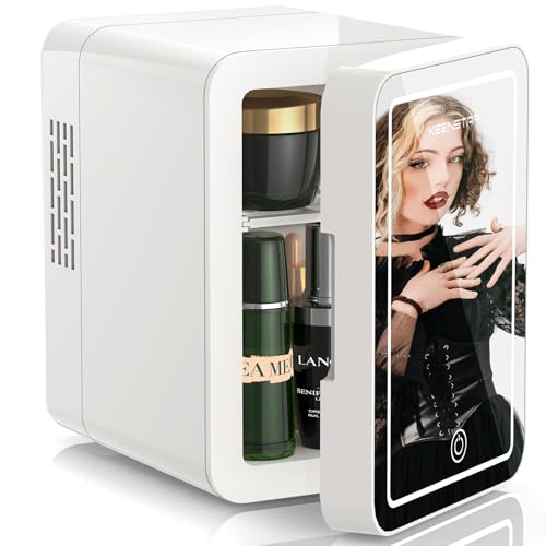 KEENSTAR 4L/6 Can Skincare Mini Fridge with Dimmable LED Mirror, Cooler & Warmer Fridge for Bedroom, Cosmetics, Office, Dorm & Car, Portable Personal Refrigerator for Cosmetics, Skincare & Food
