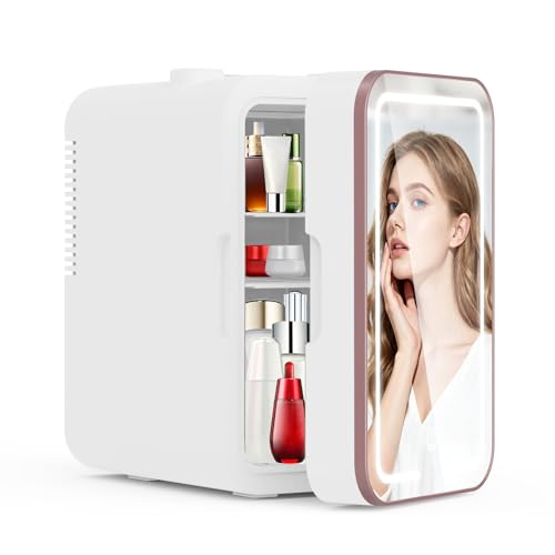 YLFU Mini Fridge for Bedroom, 6L Skincare Fridge with Dimmable LED Light Mirror for Dorm & Office, Portable Cooler & Warmer Small Compact Refrigerator for Skincare, Makeup and Cosmetics, White