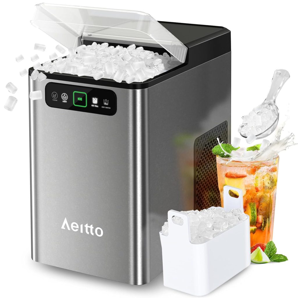 Aeitto Nugget Ice Maker Countertop, Pellet Ice Machine Soft Chewable Ice 40lbsDay, One-Click Operation
