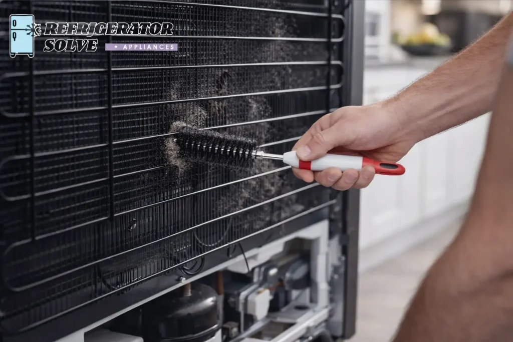 Cleaning refrigerator condenser coils in progress
