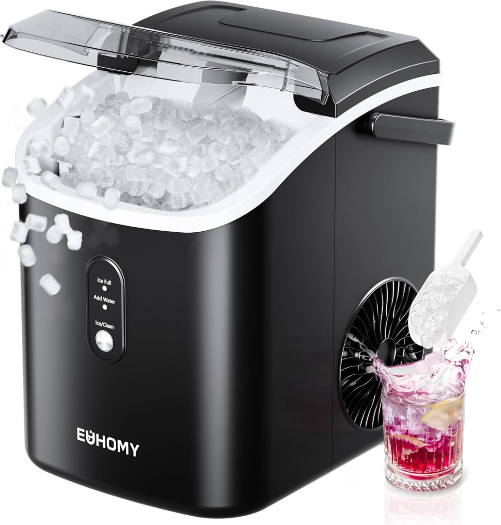 EUHOMY Nugget Ice Maker Countertop with Handle, Ready in 6 Mins, 34lbs Per Day, Removable Top Cover, Auto-Cleaning