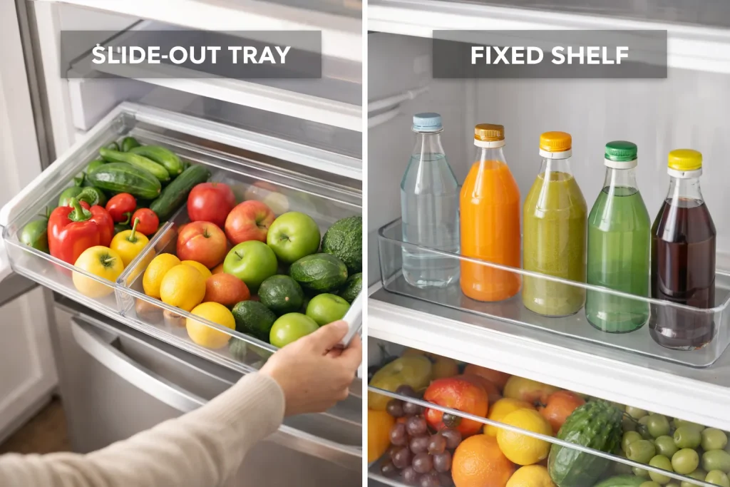 Fridge storage with fresh produce and drinks