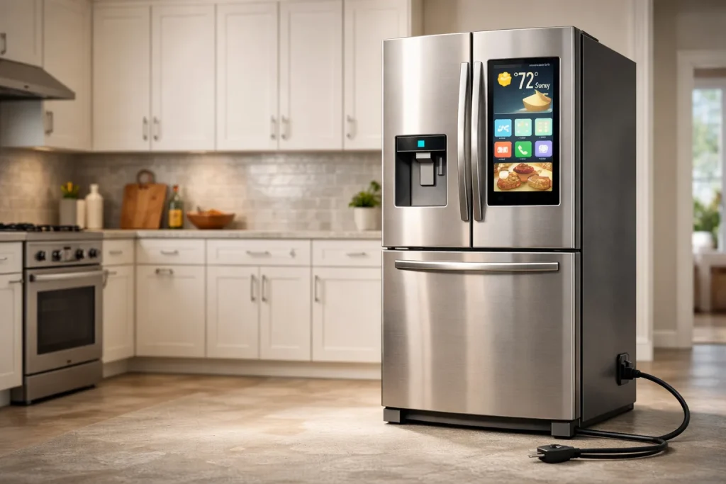 Modern stainless steel smart refrigerator in kitchen