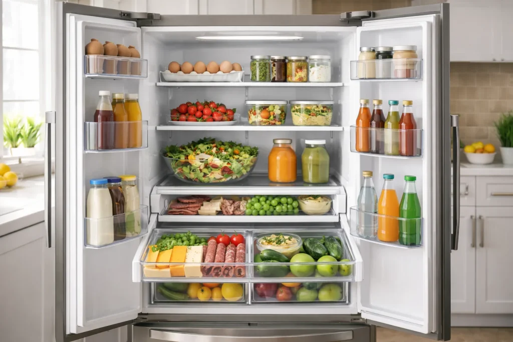 Organized fridge in a modern kitchen