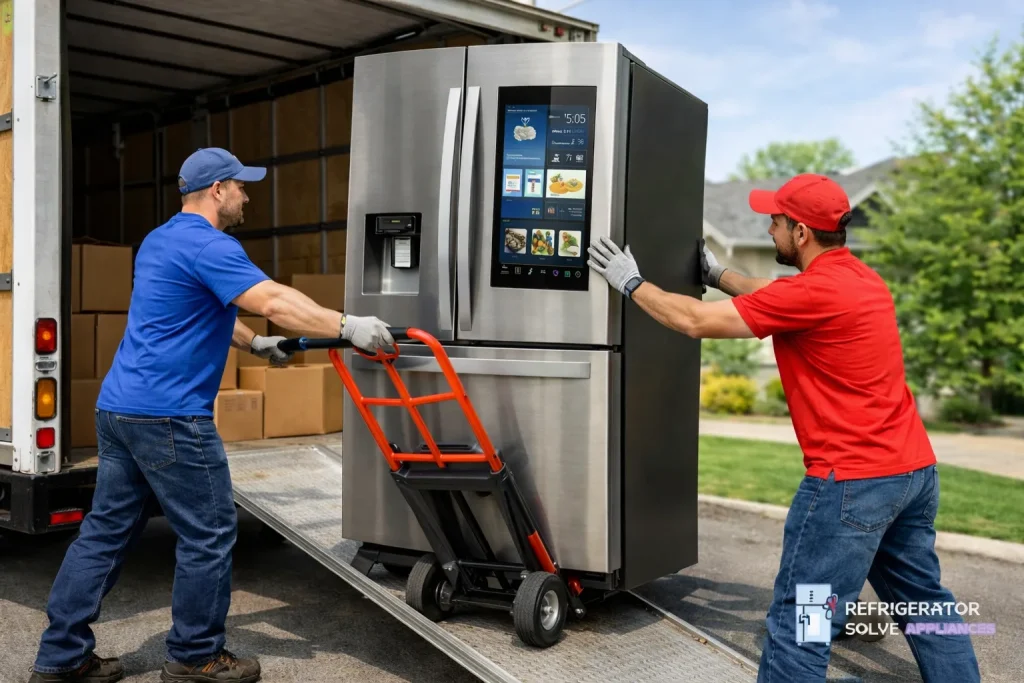 Professional movers loading smart refrigerator