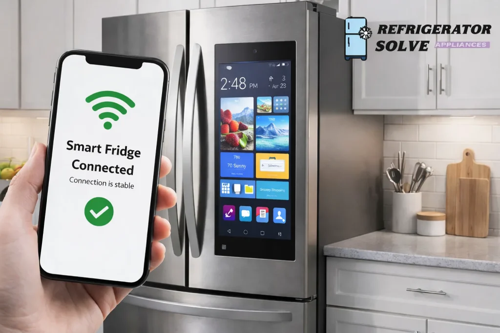 Smart fridge connection in modern kitchen