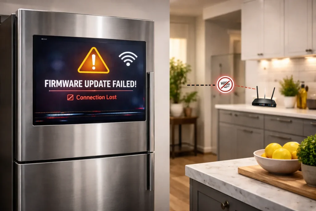 Smart fridge error in modern kitchen