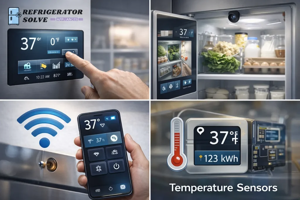 Smart fridge features in a collage