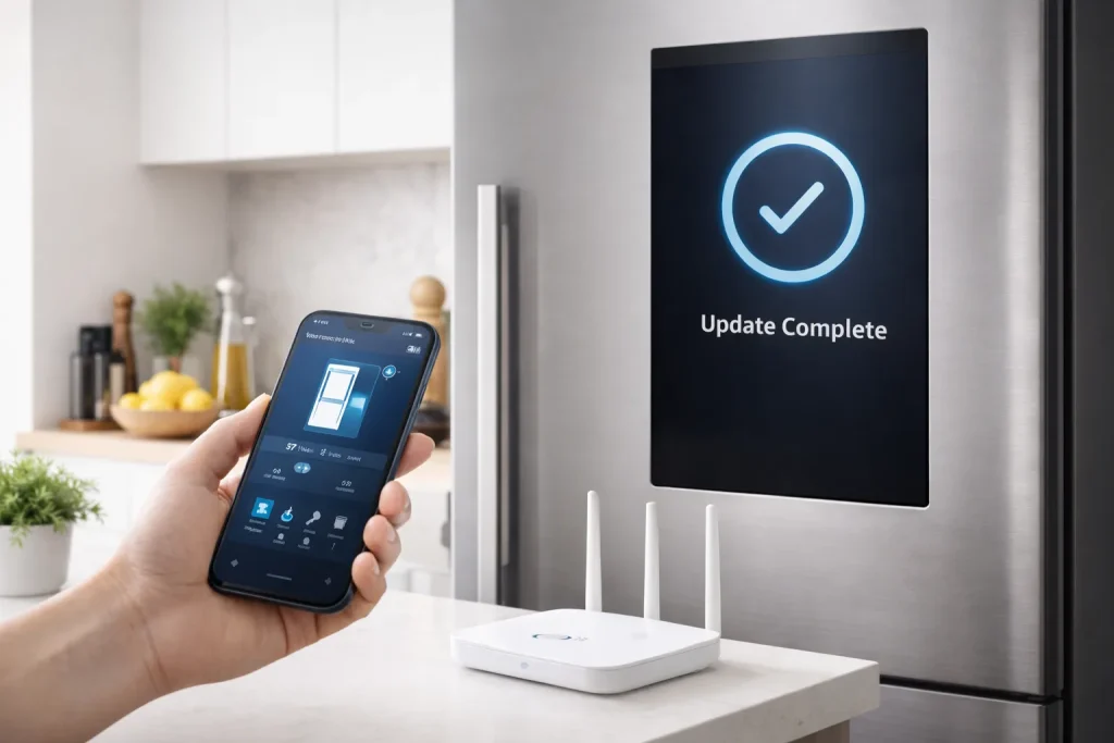 Smart fridge update in a modern kitchen