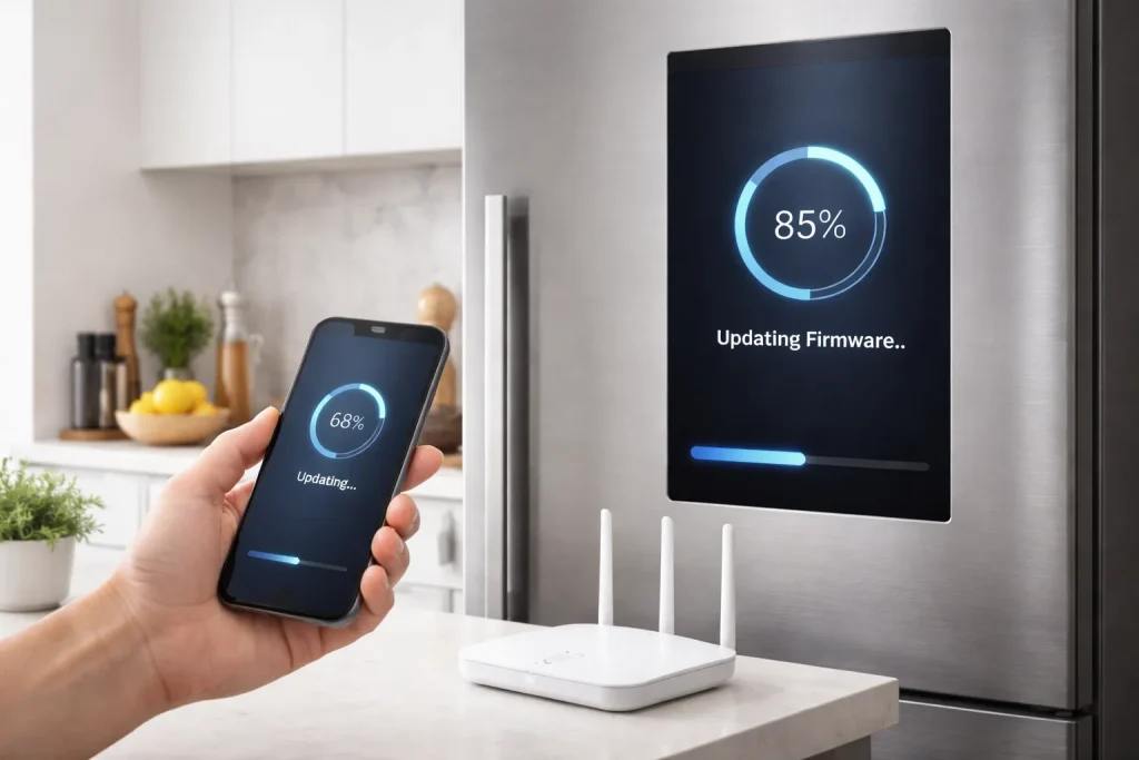 Smart fridge update in modern kitchen