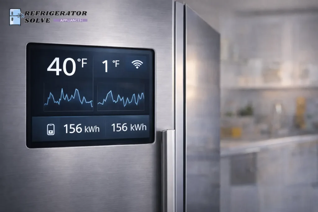Smart refrigerator touchscreen in modern kitchen