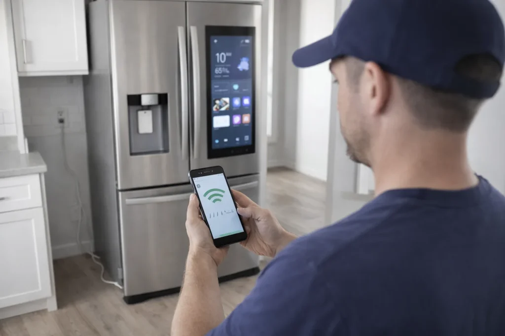 Technician checks Wi-Fi in modern kitchen