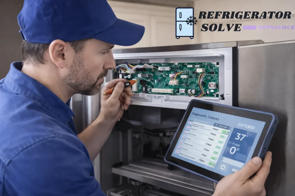 Technician diagnosing smart refrigerator control board