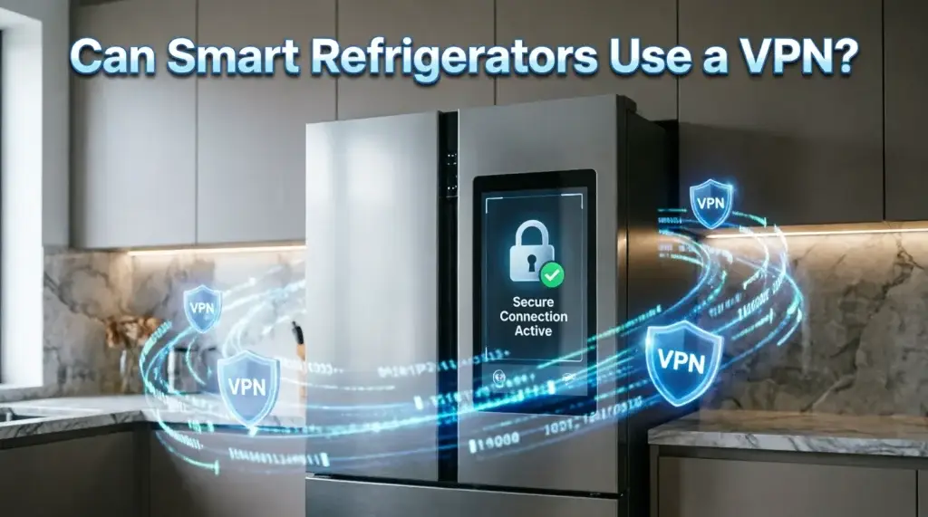 Modern smart refrigerator with touchscreen display showing secure VPN connection with lock icon and glowing blue data streams with VPN shield icons flowing around it in a contemporary kitchen, titled "Can Smart Refrigerators Use a VPN?"