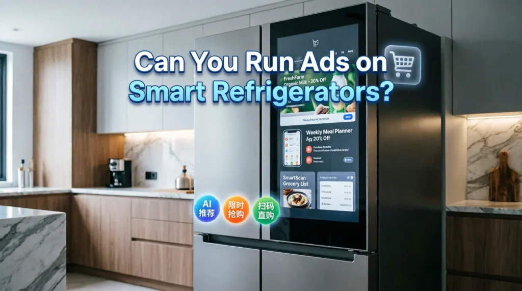 Modern smart refrigerator with large touchscreen displaying various advertisements for grocery products, meal planning apps, and shopping features with colorful promotional badges, set in a contemporary kitchen with the heading "Can You Run Ads on Smart Refrigerators?"