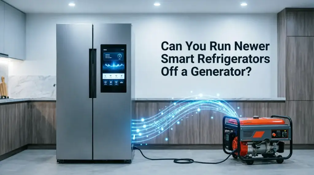 Modern stainless steel smart refrigerator with touchscreen display connected to a portable orange generator via power cable with glowing blue energy flow lines, set in a contemporary kitchen with the text "Can You Run Newer Smart Refrigerators Off a Generator?