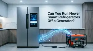 Modern stainless steel smart refrigerator with touchscreen display connected to a portable orange generator via power cable with glowing blue energy flow lines, set in a contemporary kitchen with the text "Can You Run Newer Smart Refrigerators Off a Generator?