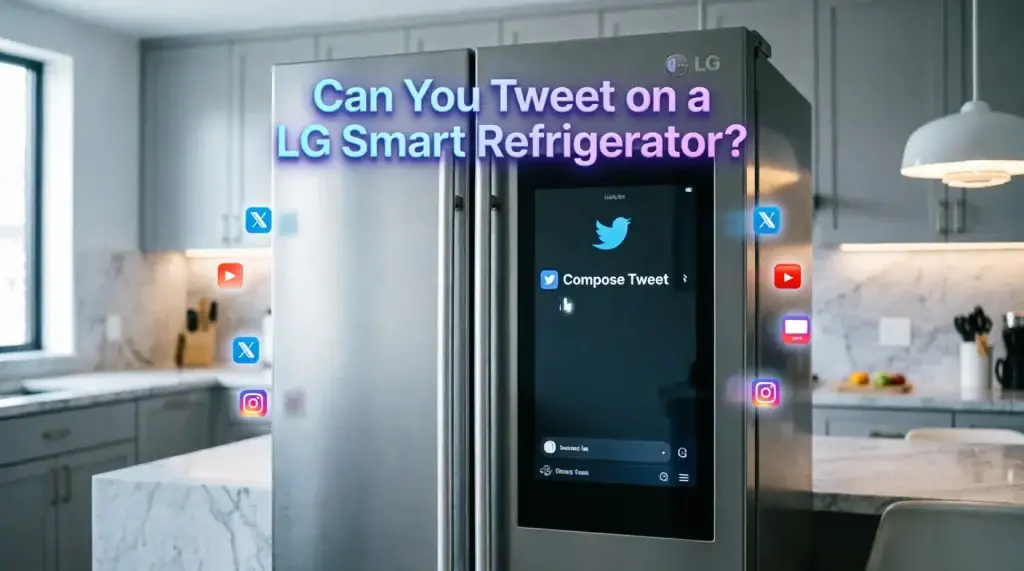 LG smart refrigerator with large touchscreen displaying Twitter interface and "Compose Tweet" button, surrounded by floating social media icons including X, YouTube, and Instagram, in a modern kitchen with the text "Can You Tweet on a LG Smart Refrigerator?