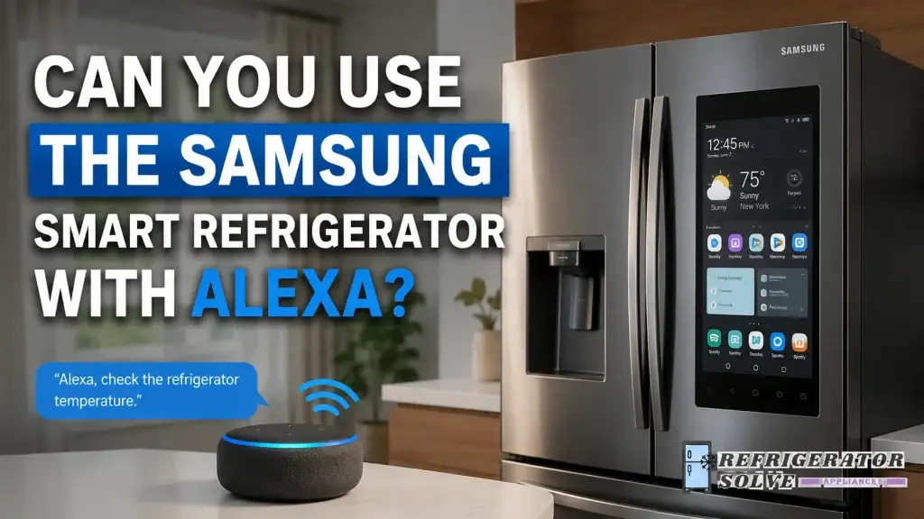 Samsung smart refrigerator with a touchscreen display connected to Alexa in a modern kitchen. The infographic thumbnail asks, “Can You Use the Samsung Smart Refrigerator with Alexa?” and shows a smart speaker with a voice command example. Refrigerator Solve Appliances logo appears in the bottom-right corner.