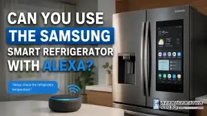 Samsung smart refrigerator with a touchscreen display connected to Alexa in a modern kitchen. The infographic thumbnail asks, “Can You Use the Samsung Smart Refrigerator with Alexa?” and shows a smart speaker with a voice command example. Refrigerator Solve Appliances logo appears in the bottom-right corner.