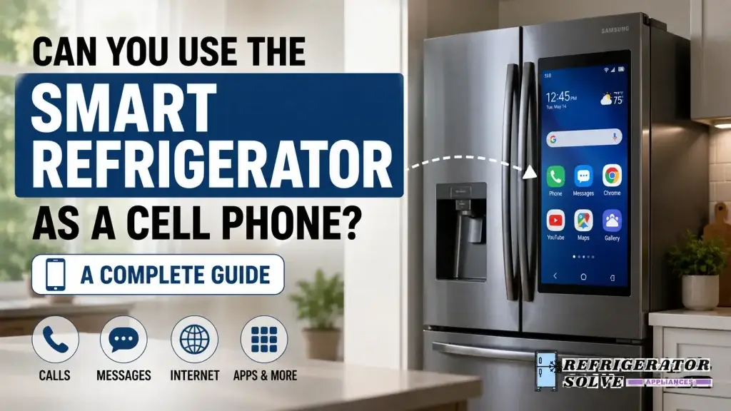 Smart refrigerator with a smartphone-style touchscreen interface displayed on the door in a modern kitchen. The infographic asks, “Can You Use the Smart Refrigerator as a Cell Phone? A Complete Guide” and highlights features such as calls, messages, internet access, and apps. Refrigerator Solve Appliances logo appears in the bottom-right corner.