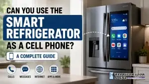 Smart refrigerator with a smartphone-style touchscreen interface displayed on the door in a modern kitchen. The infographic asks, “Can You Use the Smart Refrigerator as a Cell Phone? A Complete Guide” and highlights features such as calls, messages, internet access, and apps. Refrigerator Solve Appliances logo appears in the bottom-right corner.