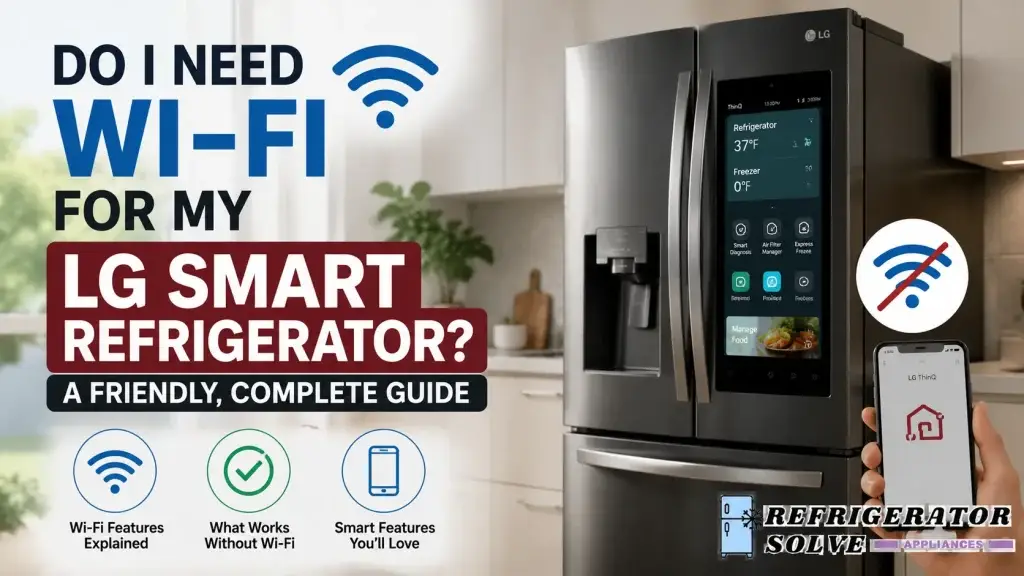 LG smart refrigerator with a touchscreen display in a modern kitchen, accompanied by Wi-Fi icons, a smartphone showing the LG ThinQ app, and the headline “Do I Need Wi-Fi for My LG Smart Refrigerator? A Friendly, Complete Guide.” The Refrigerator Solve Appliances logo is displayed in the bottom-right corner.