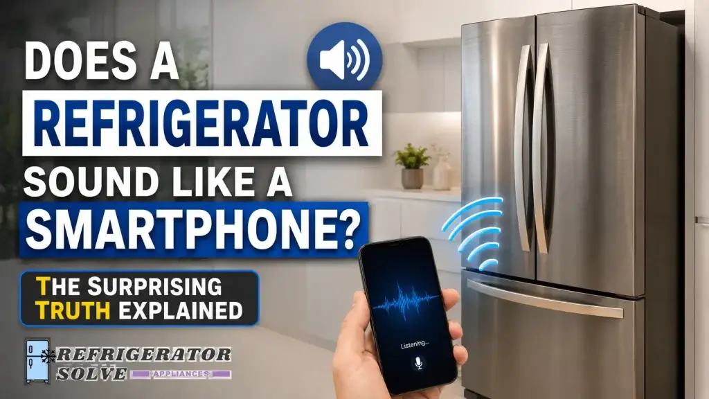 Infographic thumbnail showing a stainless steel refrigerator and a smartphone displaying a sound wave in a modern kitchen. The headline reads, “Does a Refrigerator Sound Like a Smartphone? The Surprising Truth Explained,” with sound and wireless signal icons illustrating the comparison. The Refrigerator Solve Appliances logo appears in the bottom-left corner.