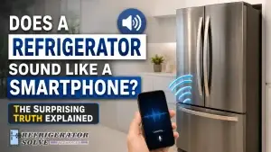 Infographic thumbnail showing a stainless steel refrigerator and a smartphone displaying a sound wave in a modern kitchen. The headline reads, “Does a Refrigerator Sound Like a Smartphone? The Surprising Truth Explained,” with sound and wireless signal icons illustrating the comparison. The Refrigerator Solve Appliances logo appears in the bottom-left corner.