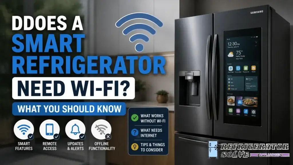 Infographic thumbnail showing a smart refrigerator with a touchscreen display in a modern kitchen, alongside a large Wi-Fi symbol and the headline “Does a Smart Refrigerator Need Wi-Fi? What You Should Know.” The image highlights smart features, remote access, updates and alerts, and offline functionality. The Refrigerator Solve Appliances logo appears in the bottom-right corner.