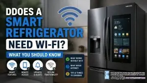 Infographic thumbnail showing a smart refrigerator with a touchscreen display in a modern kitchen, alongside a large Wi-Fi symbol and the headline “Does a Smart Refrigerator Need Wi-Fi? What You Should Know.” The image highlights smart features, remote access, updates and alerts, and offline functionality. The Refrigerator Solve Appliances logo appears in the bottom-right corner.