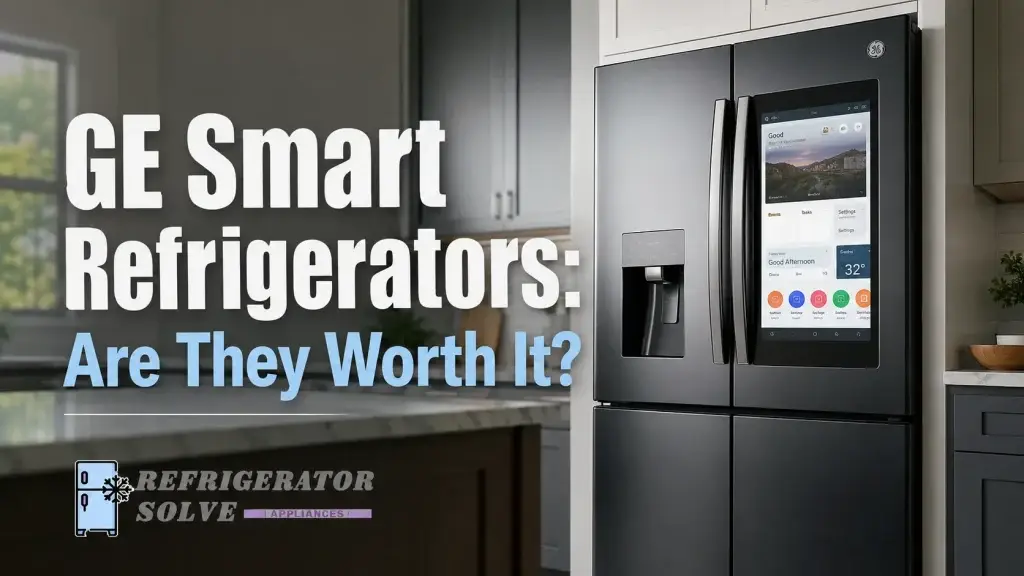 Modern GE Smart refrigerator with a large touchscreen display in a stylish contemporary kitchen, featured in a blog thumbnail asking whether GE Smart Refrigerators are worth buying.
