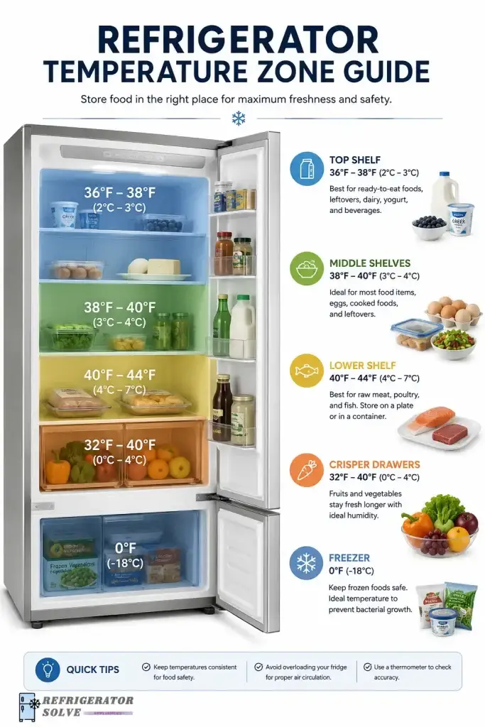 Infographic showing refrigerator temperature zones and ideal storage locations for meat, dairy, fruits, vegetables, beverages, and leftovers in a modern refrigerator layout.