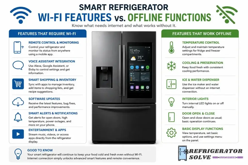 Modern infographic comparing smart refrigerator features that require Wi-Fi with features that work offline. The design includes appliance icons, temperature management visuals, connectivity symbols, and clear side-by-side sections on a clean white background.