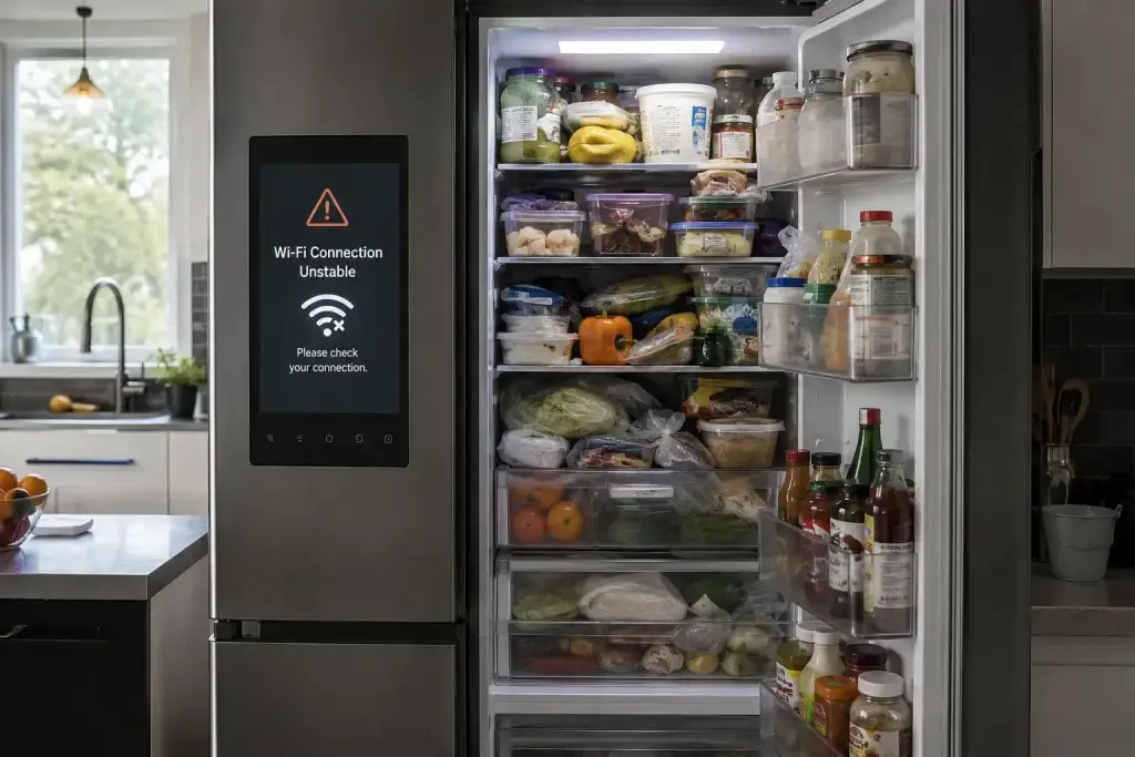 Smart refrigerator with an unstable Wi-Fi connection warning displayed on its touchscreen and an overcrowded interior packed with food containers, vegetables, and bottles, illustrating connectivity and airflow problems in a modern kitchen.