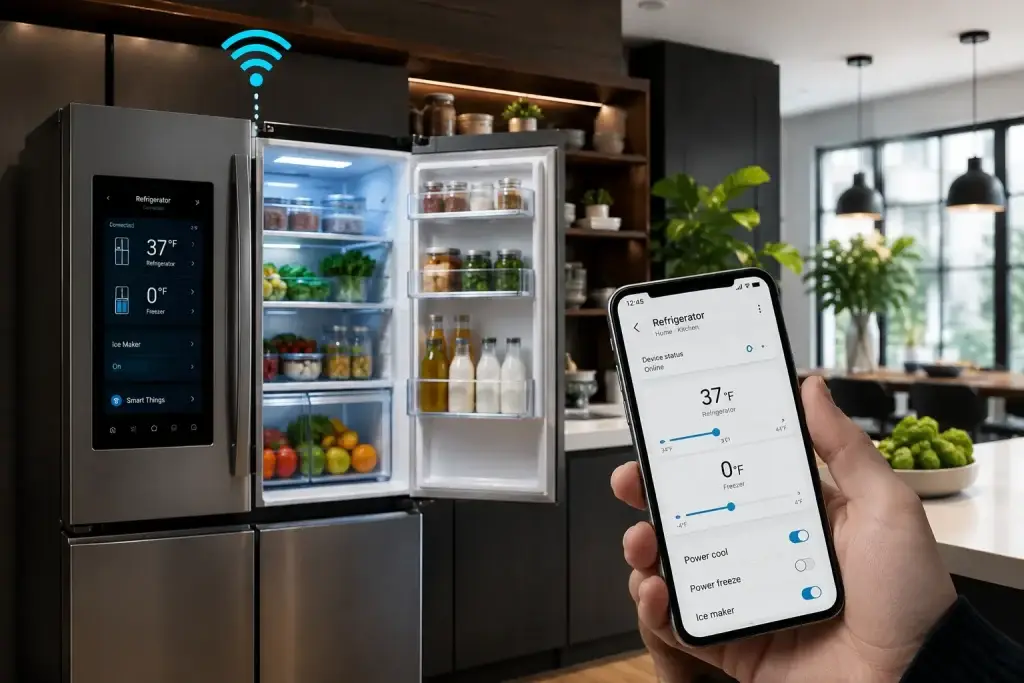Smart refrigerator connected to a home Wi-Fi network in a modern kitchen, with organized food shelves visible inside and a smartphone displaying refrigerator temperature controls and smart settings.