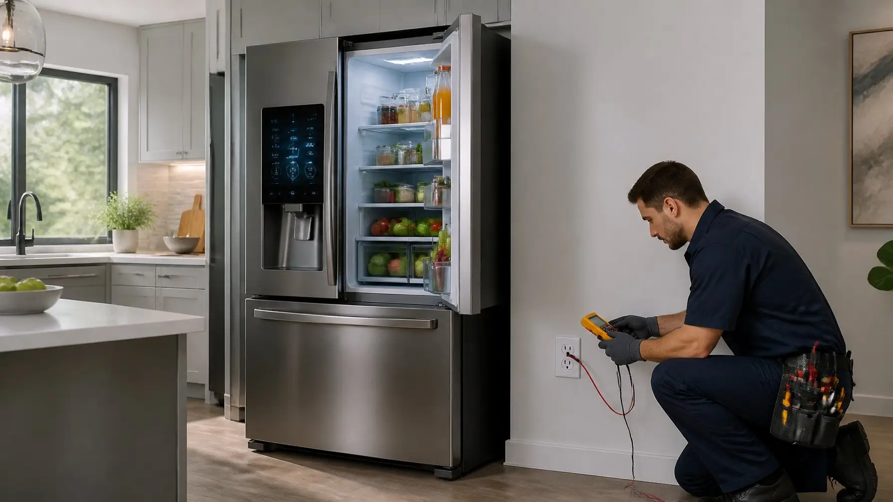 A modern kitchen with a smart refrigerator next to an electrical outlet, and an electrician inspecting the outlet with a multimeter.