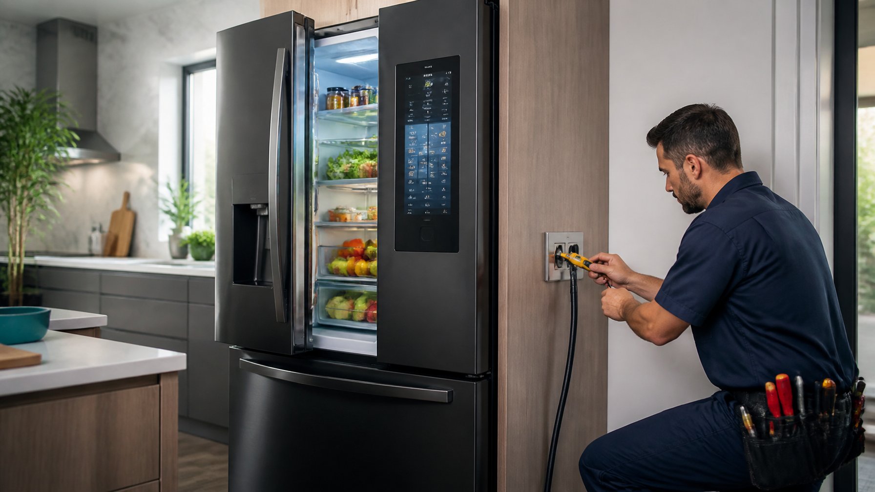 An electrician inspecting the electrical outlet next to a modern smart refrigerator in a bright kitchen.