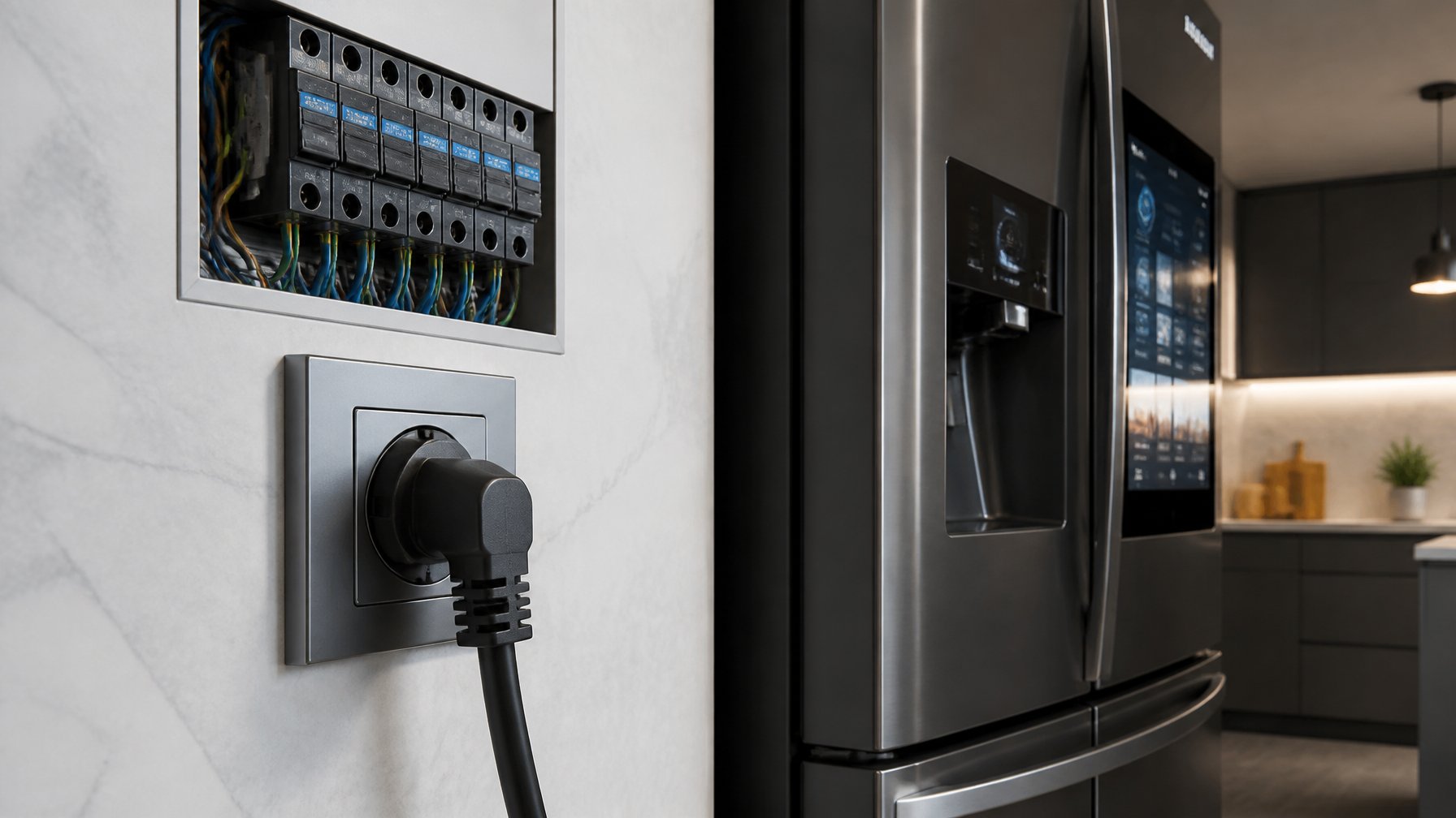 Close-up of a smart refrigerator plugged into a specialized electrical outlet in a modern kitchen.