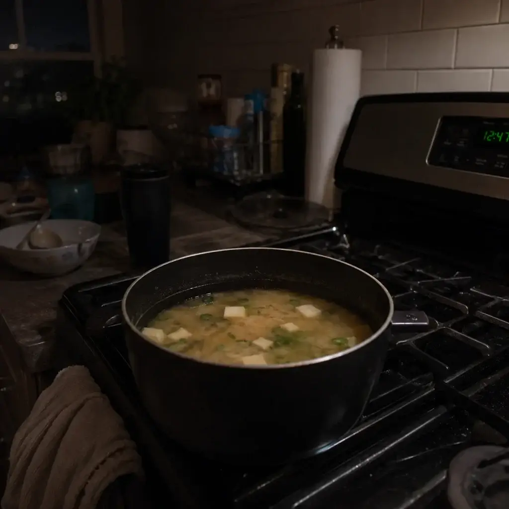 Late night kitchen with soup simmering