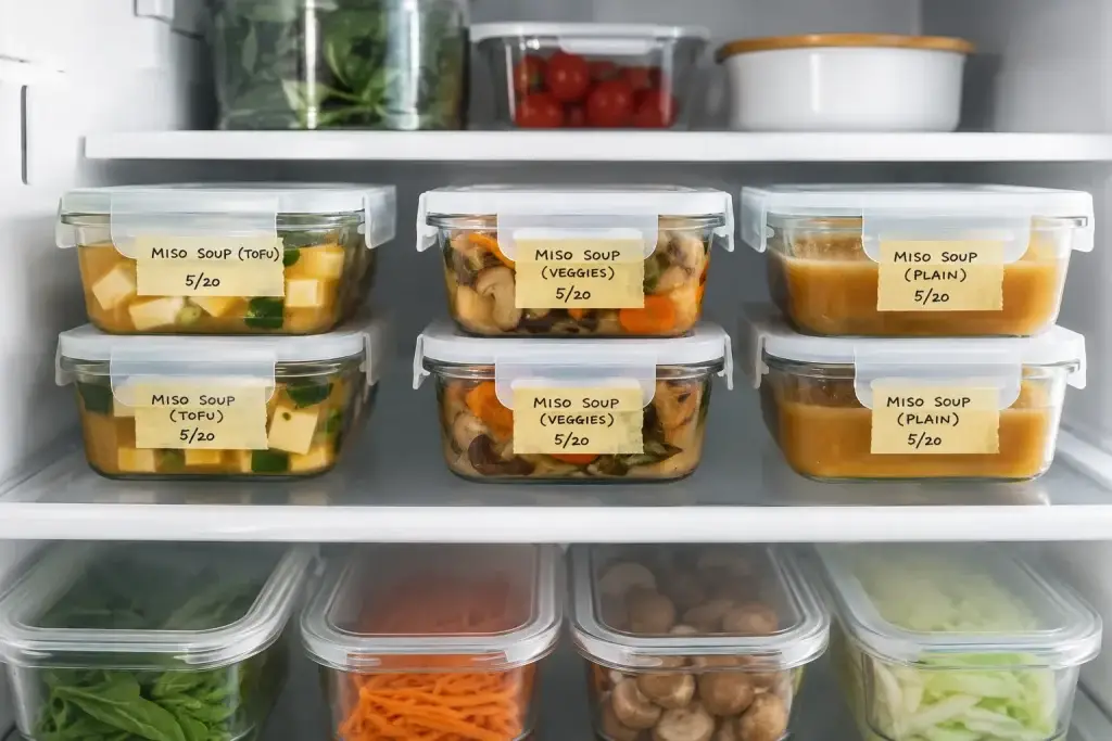 Organised fridge with miso soup containers

