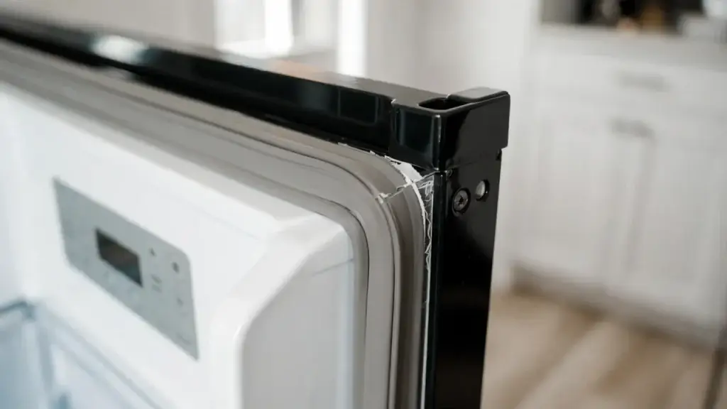 Refrigerator door with cracked and damaged gasket seal showing air leak