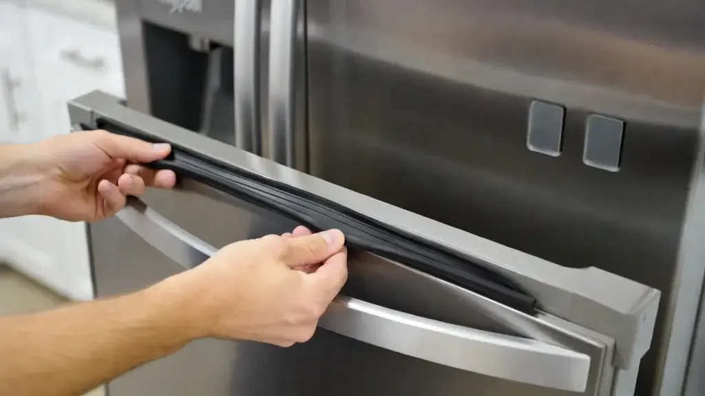 a Whirlpool refrigerator door gasket being installed