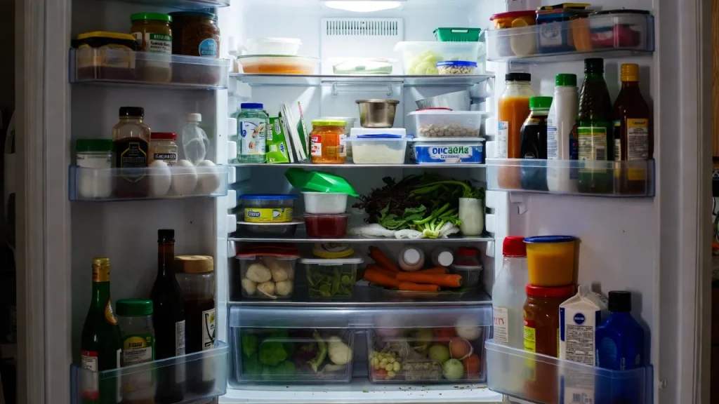 Refrigerator door with cracked and damaged gasket seal showing air leak