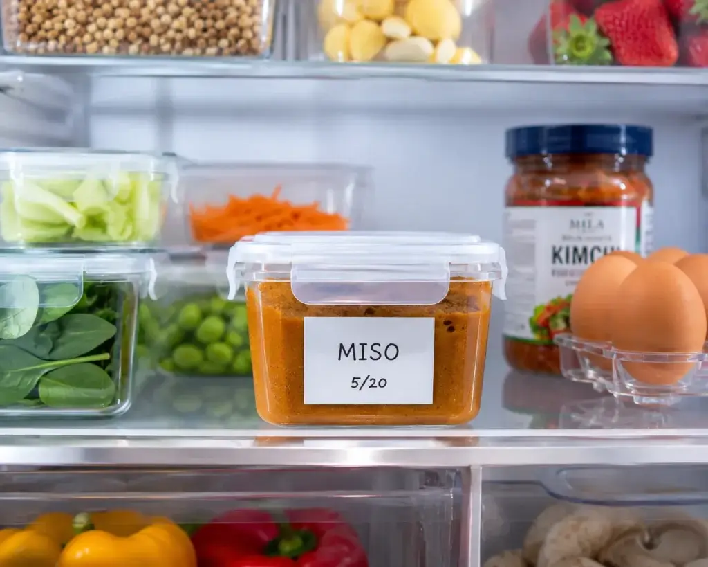 fresh miso paste stored in an airtight container on a clean refrigerator shelf