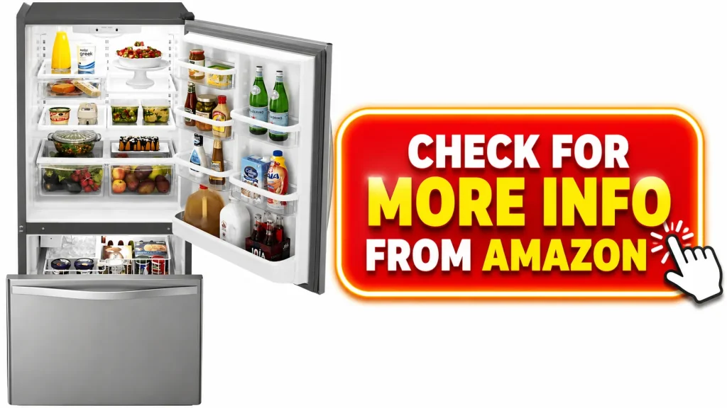 Product name: GE 25.6 Cu. Ft. Fingerprint Resistant French-Door Refrigerator
CTA text (more highlighted) : Check For More info from Amazon
give a hand click emoji on CTA text
Only Product and CTA Button
don't use Amazons logo
Image size 16:9