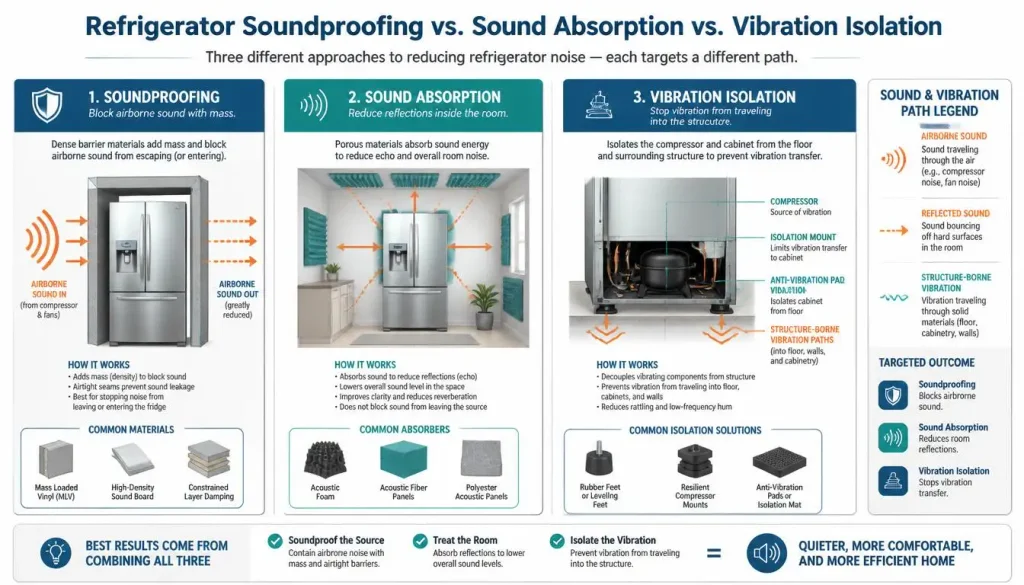 Refrigerator Soundproofing vs. Sound Absorption vs. Vibration Isolation
